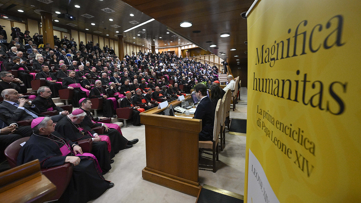 Cardinals attend the presentation of "Magnifica Humanitas" at the Vatican's Synod Hall on 25 May 2026, the first encyclical of Pope Leo XIV's papacy, which focuses on the rise of artificial intelligence. Photo: OSV News/Simone Risoluti, Vatican Media.