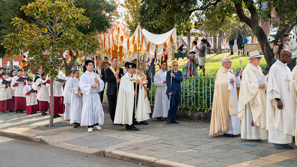 Following Mass, Archbishop Costelloe led a procession around the cathedral of the Blessed Sacrament displayed in a monstrance. Photo: Eric Odong.