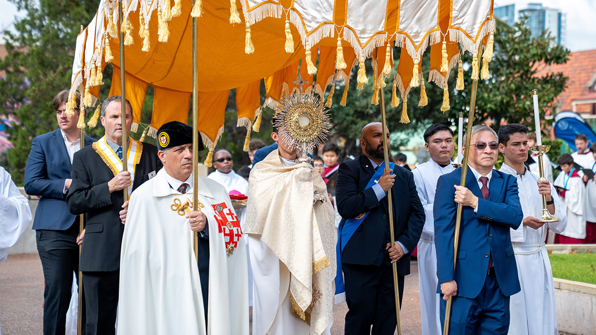 Following Mass, Archbishop Costelloe led a procession around the cathedral of the Blessed Sacrament displayed in a monstrance. Photo: Eric Odong.