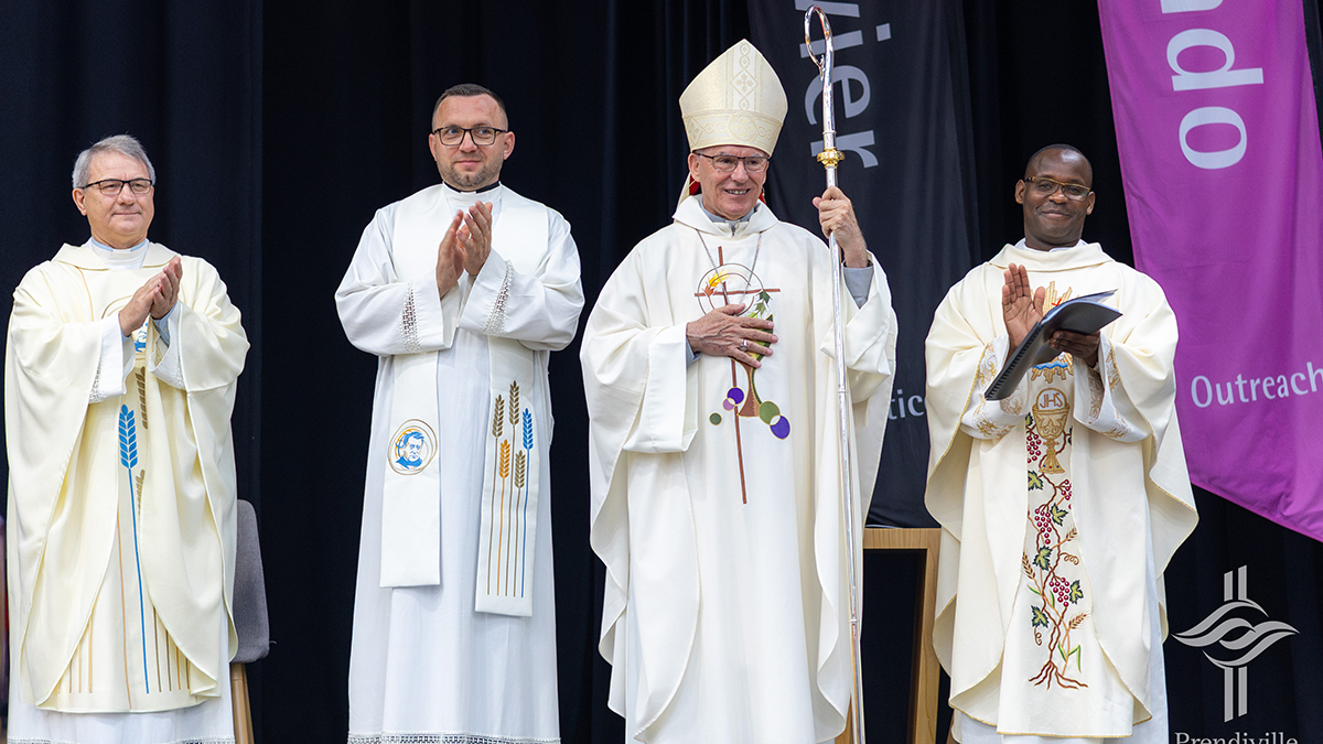 Archbishop Costelloe was joined by concelebrants Fr Leonard Macionczyk SDS, Fr Greg Skulski SDS and Fr ????? Photo: Ravdip Rihal/Prendiville Catholic College.
