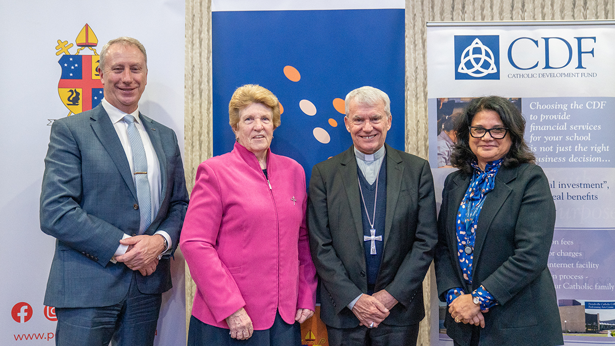 CSSWA CEO, Dr Jerry Nockles, Sisters of St Joseph Sr Kathleen Hitchcock RSJ, Perth Archbishop Timothy Costelloe, and Chief, Mission Enhancement and Outreach, Dr Debra Sayce. Photo: Michelle Tan/Archdiocese of Perth.