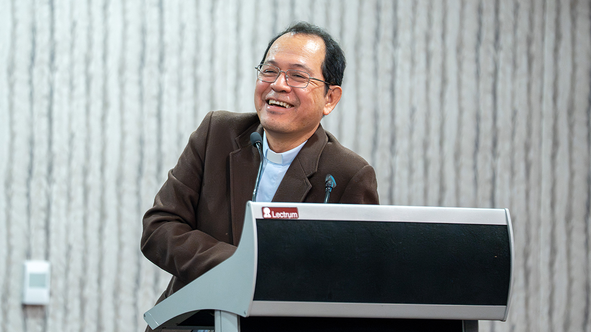 Bishop Nelson shares a lighter moment with the audience. Photo: Eric Odong/Archdiocese of Perth.
