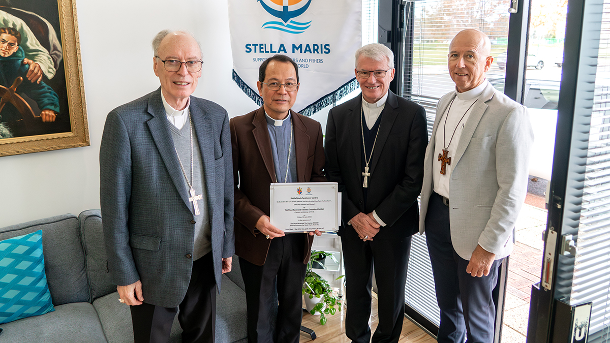 Bishop Don, Bishop Nelson, Archbishop Costelloe and Bishop Tim Norton with the commemorative plaque. Photo: Eric Odong/Archdiocese of Perth.