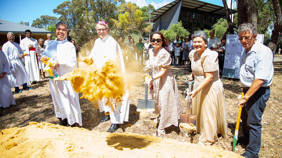 Archbishop Costelloe joined Kwinana Parish Priest Fr Thi Lam in the turning of the soil for the new parish centre, Sunday 14 December, 2025 Photo: Jamie O’Brien.