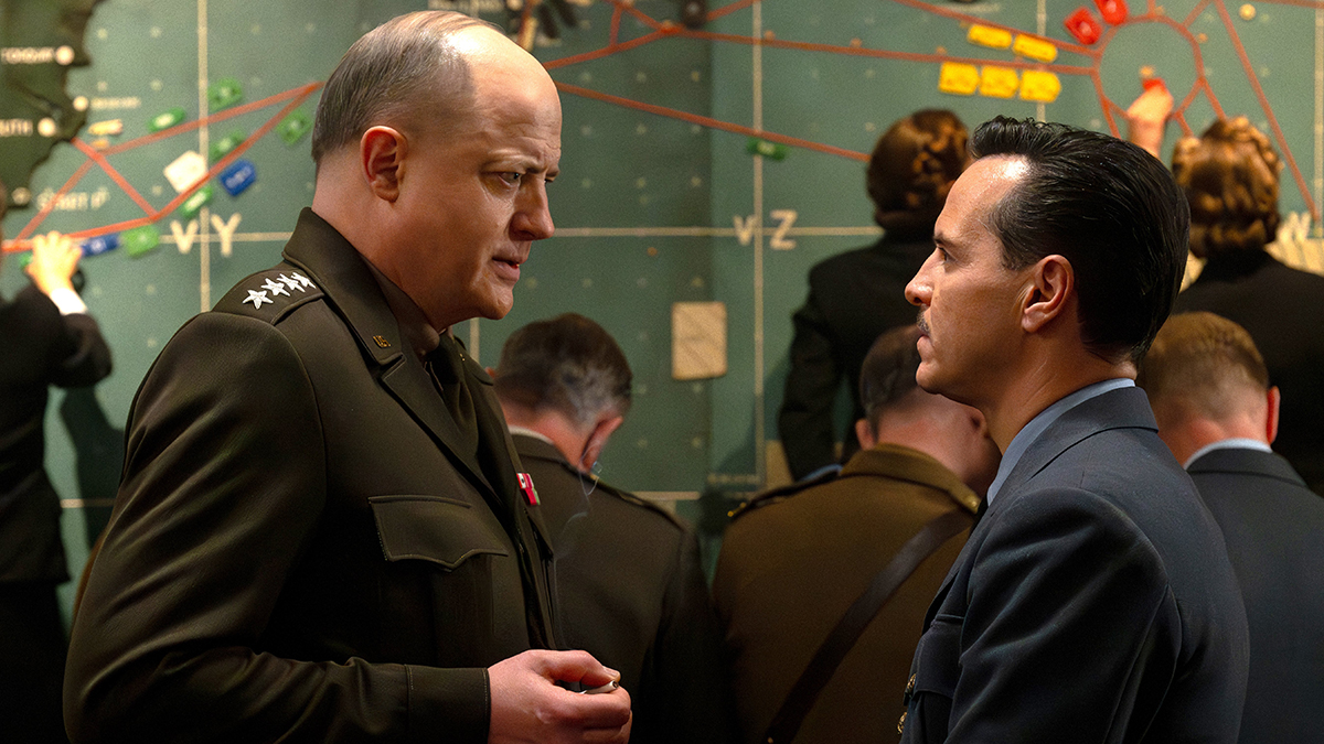 Brendan Fraser as Dwight D. Eisenhower and Andrew Scott as James Stagg star in a scene from the movie "Pressure." Photo: OSV News/Alex Bailey, Focus Features.
