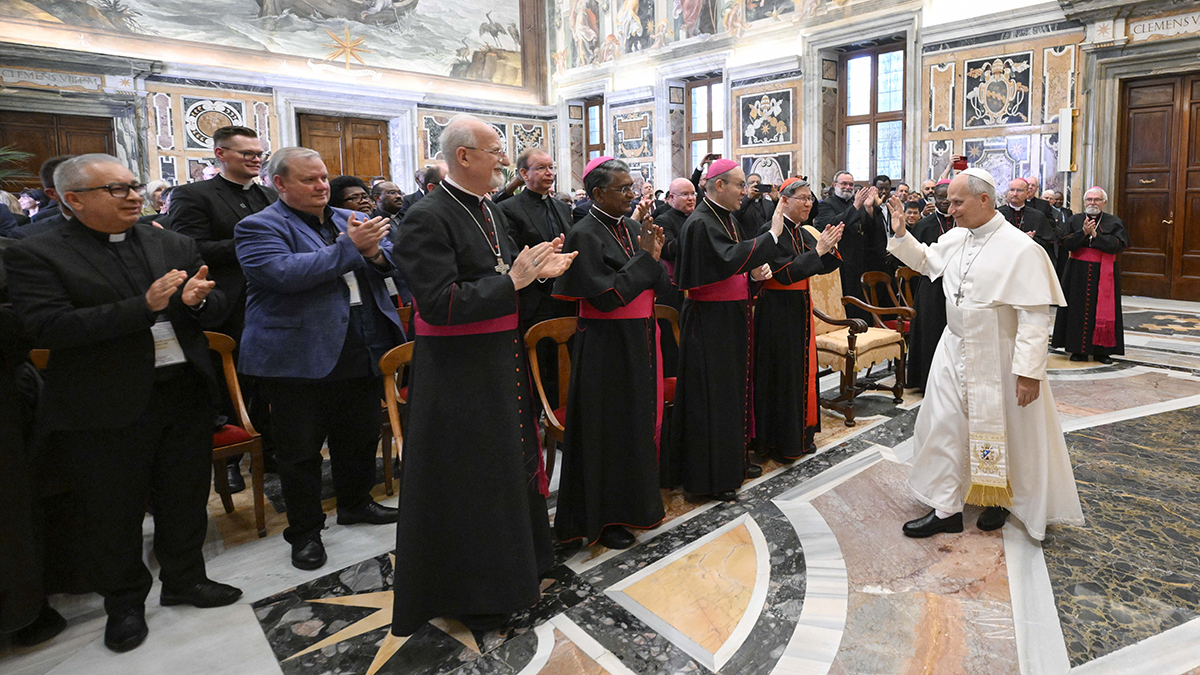 Pope Leo XIV waves after meeting with participants in the general assembly of the Pontifical Mission Societies in Clementine Hall at the Vatican on 1 June 2026. During the meeting, Pope Leo praised Venerable Fulton J. Sheen as "a light of faith, hope, and love" whose radio and television broadcasts brought the Gospel to millions of Americans - including the pope himself as a child. Photo: OSV News/Simone Risoluti, Vatican Media.