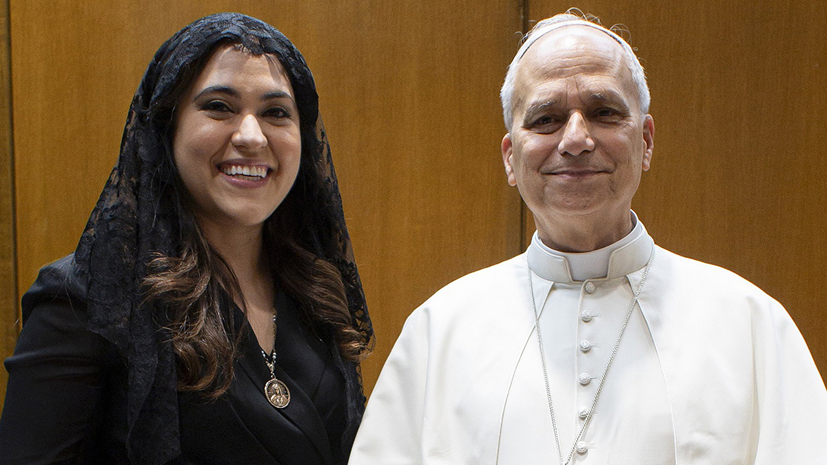 Pope Leo XIV poses with Montse Alvarado, president and chief operating officer of EWTN News, during a private meeting at the Vatican on 5 September 2025. Pope Leo appointed Alvarado as prefect of the Vatican's Dicastery for Communication on 2 June 2026. Photo: OSV News/Vatican Media/Catholic Press Photo.