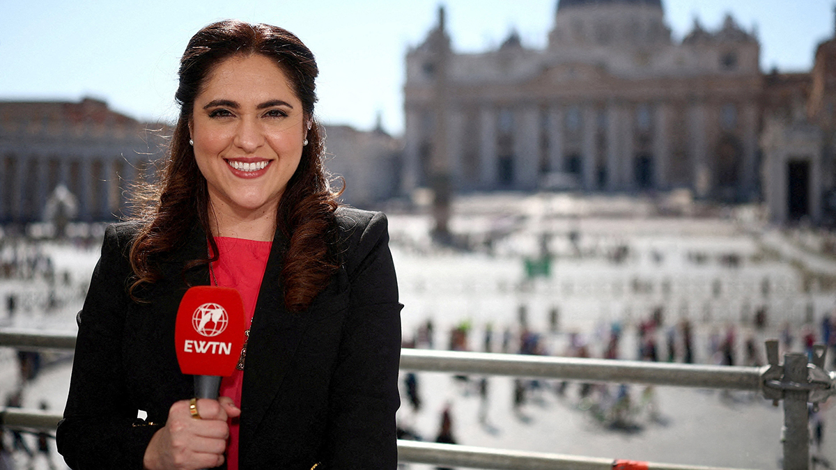 Montse Alvarado, president and chief operating officer of EWTN News, poses for a portrait before a live broadcast near St. Peter's Square at the Vatican on 1 May 2025. Pope Leo XIV appointed Alvarado as prefect of the Vatican's Dicastery for Communication on 2 June 2026. Photo: OSV News/Guglielmo Mangiapane, Reuters.