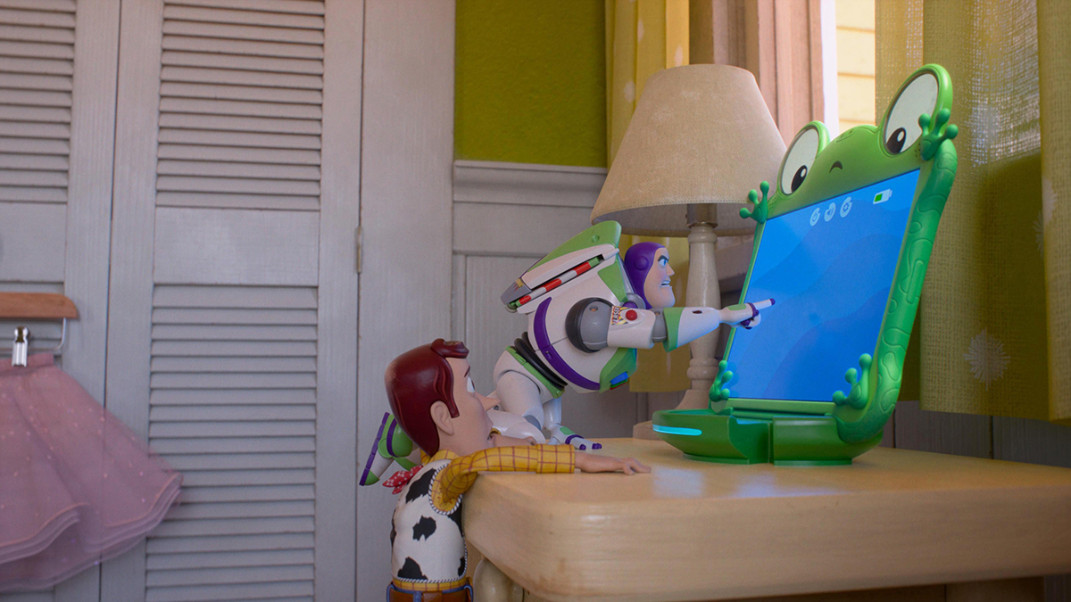 Woody, Buzz Lightyear, and Lilypad appear in the movie "Toy Story 5." Photo: OSV News/Disney/Pixar.