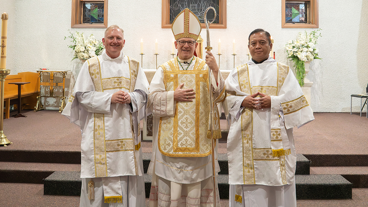 New Ordinariate of Our Lady of the Southern Cross Deacons Andrew Iswahyudi, and Nigel McBain, with now former Administrator Archbishop Anthony Randazzo, Tuesday 21 April at the Parish Church of St Ninian and St Chad. Photo: Eric Odong/Archdiocese of Perth.