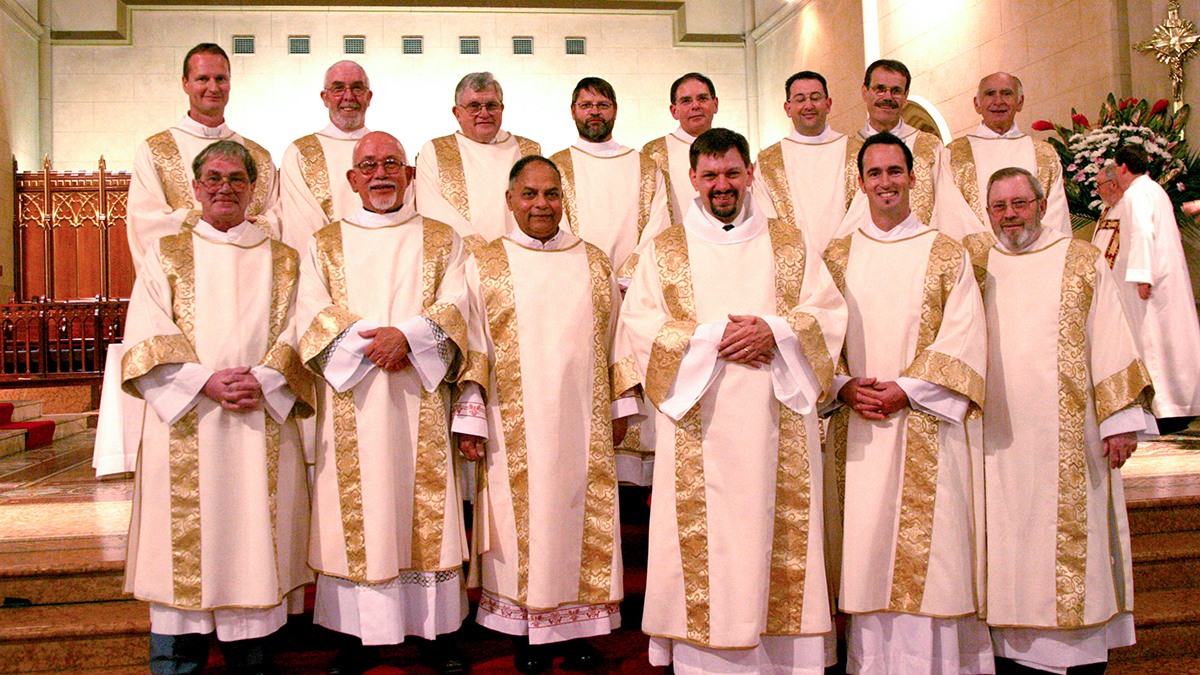 The 14 Permanent Deacons who were ordained on 29 June 2006 at St Mary’s Cathedral by then Perth Archbishop Barry Hickey. Photo: Jamie O’Brien.