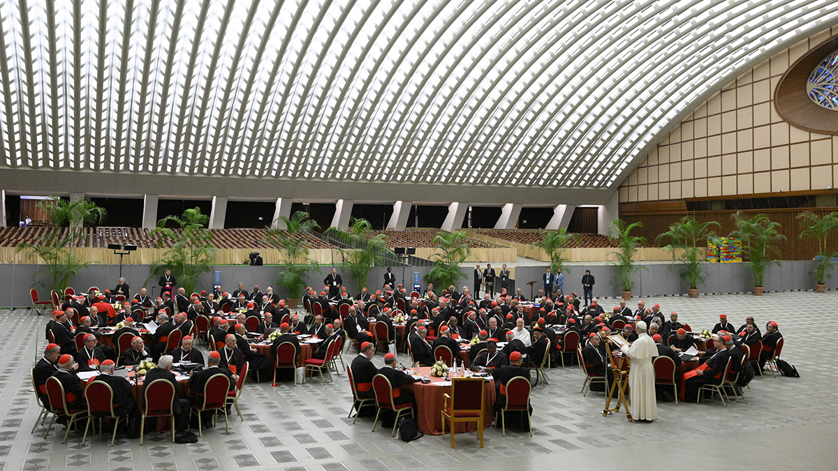 Pope Leo XIV addresses cardinals gathered for the opening working session of his second consistory in the Paul VI Audience Hall at the Vatican on 26 June 2026. Photo: CNS/Vatican Media.