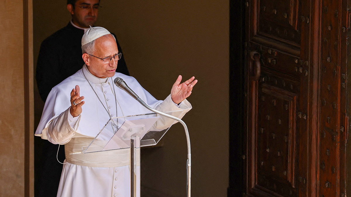 Pope Leo XIV leads the Angelus prayer in Piazza della Liberta in Castel Gandolfo, near Rome, Italy, on 19 July 2026. Photo: OSV News/Matteo Minnella, Reuters.