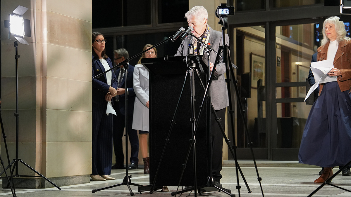 Archbishop Emeritus Barry Hickey addresses the large crowd. Photo: Supplied.
