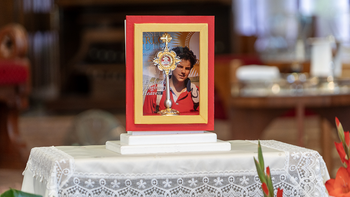 The relics of Carlo Acutis on display in 2024. Photo: Archdiocese of Perth.