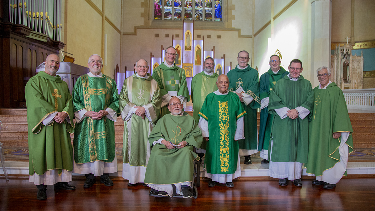 Former Office of the Permanent Diaconate Director, Fr Peter Bianchini, far right, with Permanent Deacons Aaron Peters, Patrick Moore, Greg Lowe, John Kiely, Albert Aitkinson, Trevor Lyra, Bruce Talbot, Paul Reid, Mark Powell and Paul Russell on the occasion of their 20th Anniversary Mass at St Mary’s Cathedral, Sunday 28 June 2026. Photo: Jamie O’Brien.