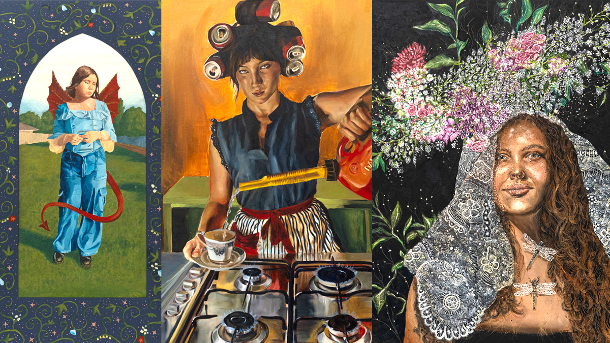 (L-R) ‘Changeling’s Grace’ by Eleanor Read, ‘Like a Moth to a Flame’ by Hannah Marinovich-Zano and ‘Life’s Ephemeral Dance’ by Lauren Branch currently on display at The West Australian Pulse 2025 Exhibition at the Art Gallery of Western Australia. Photo: Seton Catholic College.