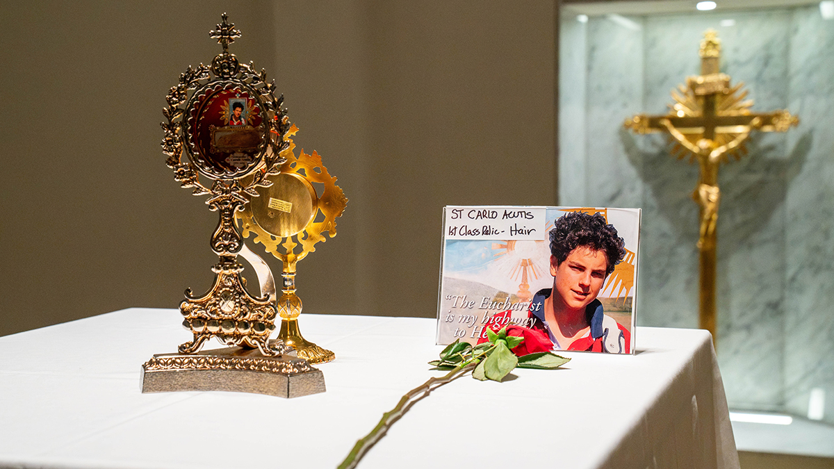 The relic of Saint Carlo Acutis on display in the St Mary’s Cathedral crypt. Photo: Eric Odong/Archdiocese of Perth.