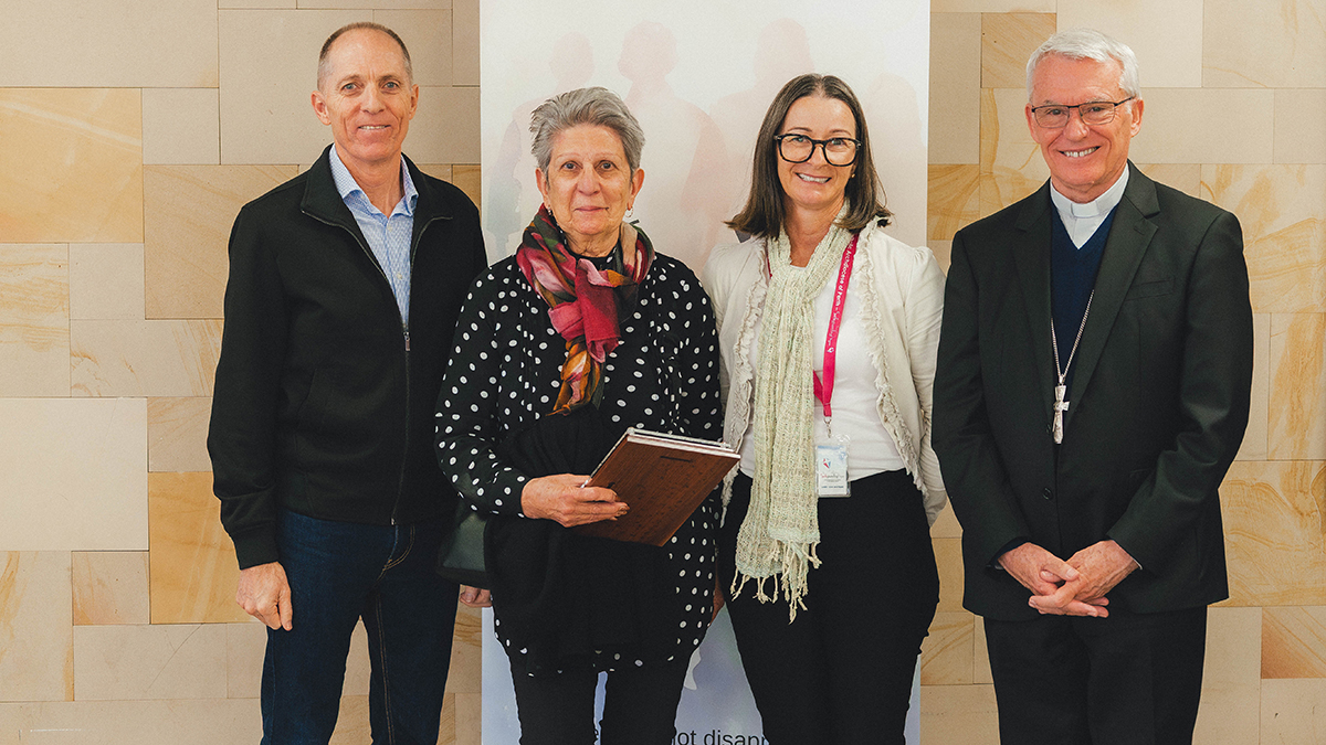 Tina Baldwin with Archbishop Costelloe, former Safeguarding Program Office Director, Barbara Blayney (third from left) and Matt Tranter, son of Tom Tranter, who is a founding member of Personal Advocacy Services. Photo: Infinitum/Archdiocese of Perth.