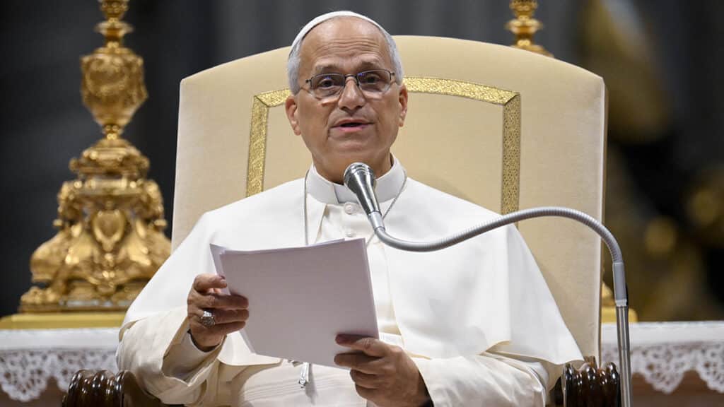 Pope Leo XIV talks to visitors and pilgrims during his weekly general audience in St Peter's Basilica at the Vatican on 12 August 2026. Photo: CNS/Vatican Media.