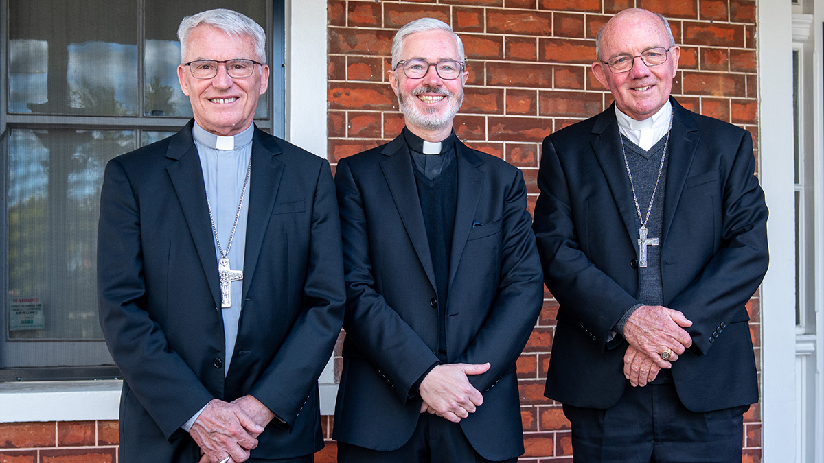 Archbishop Costelloe, Fr Conor Steadman and Bishop Michael Morrissey outside the new tribunal office in Victoria Square. Photo: Eric Odong.