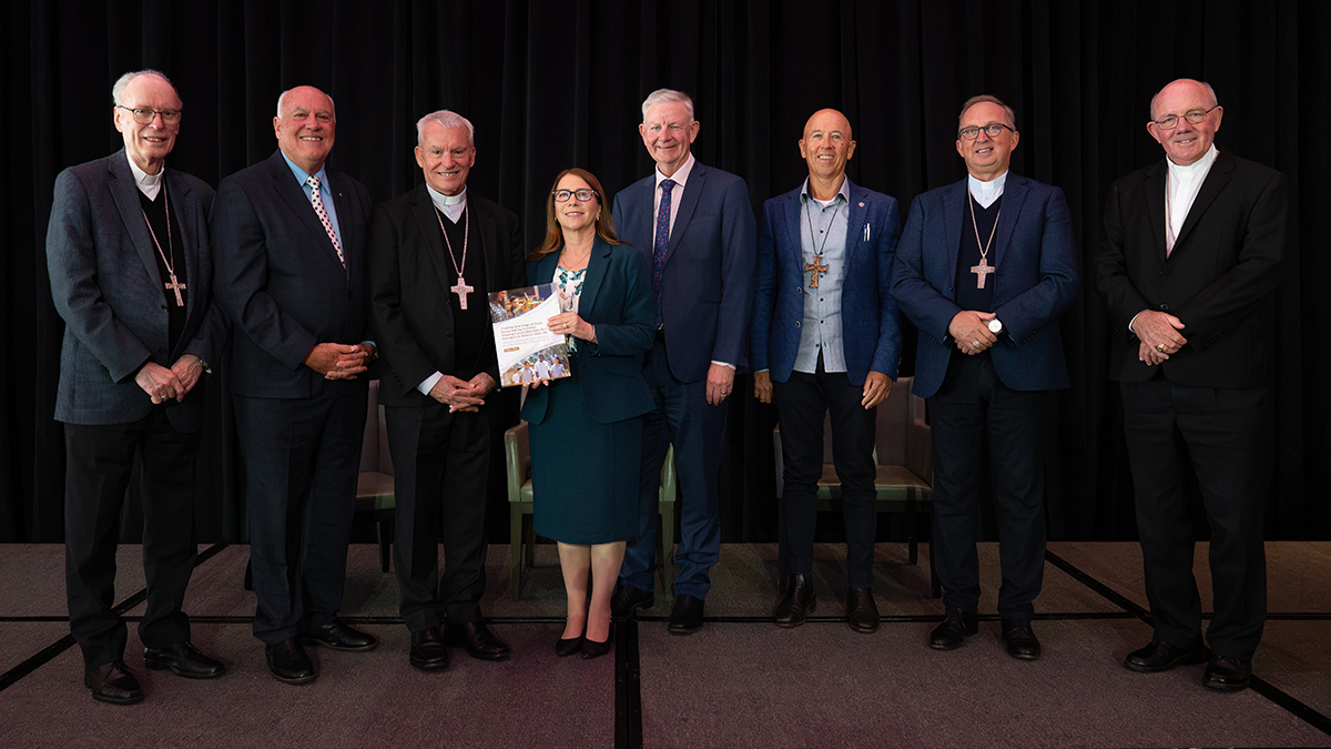 Launching the new Bishops Mandate for Catholic Education Western Australia on Thursday 10 September at The Westin were Perth Archbishop Timothy Costelloe SDB, third from left, CEWA Executive Director, Annette Morey, fourth from left and Perth Auxiliary Bishop Don Sproxton, former CEWA Executive Director Wayne Bull, CEWA Commission Chair Tim Shannahan, Broome Bishop Tim Norton, Bunbury Bishop George Kolodziej and Geraldton Bishop Michael Morrissey. Photo: Eric Odong/Archdiocese of Perth.