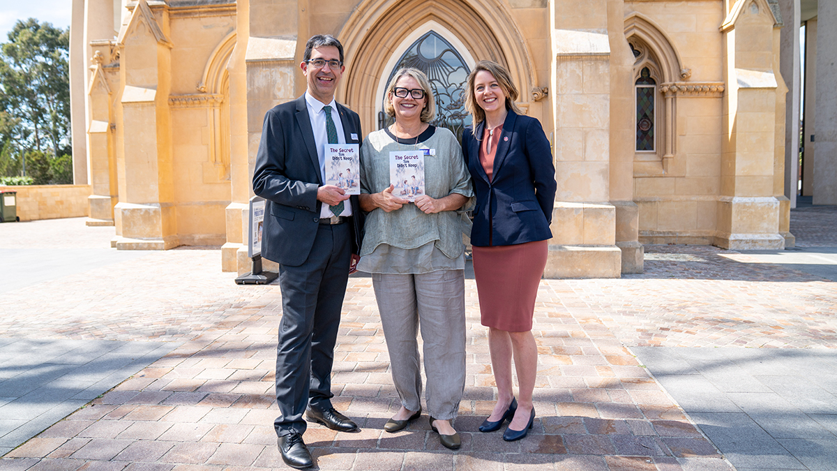 Shadow Minister for Child Protection, the Hon Nick Goiran, author Andrea Musulin, and the Hon Michelle Hofmann MLC at the launch of “The Secret Tom Didn’t Keep”. Photo: Eric Odong/Archdiocese of Perth.