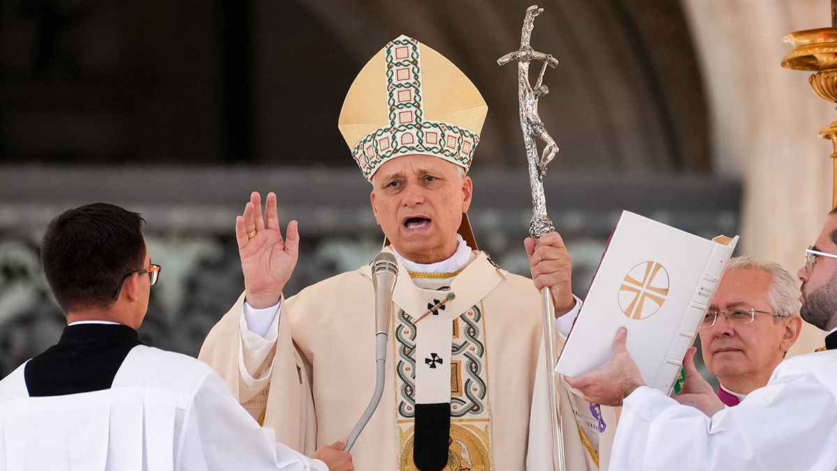 Pope Leo XIV gives his blessing at the conclusion of his Mass for the canonisation of seven new saints in St. Peter’s Square at the Vatican on 19 October 2025. Photo: CNS/Lola Gomez.