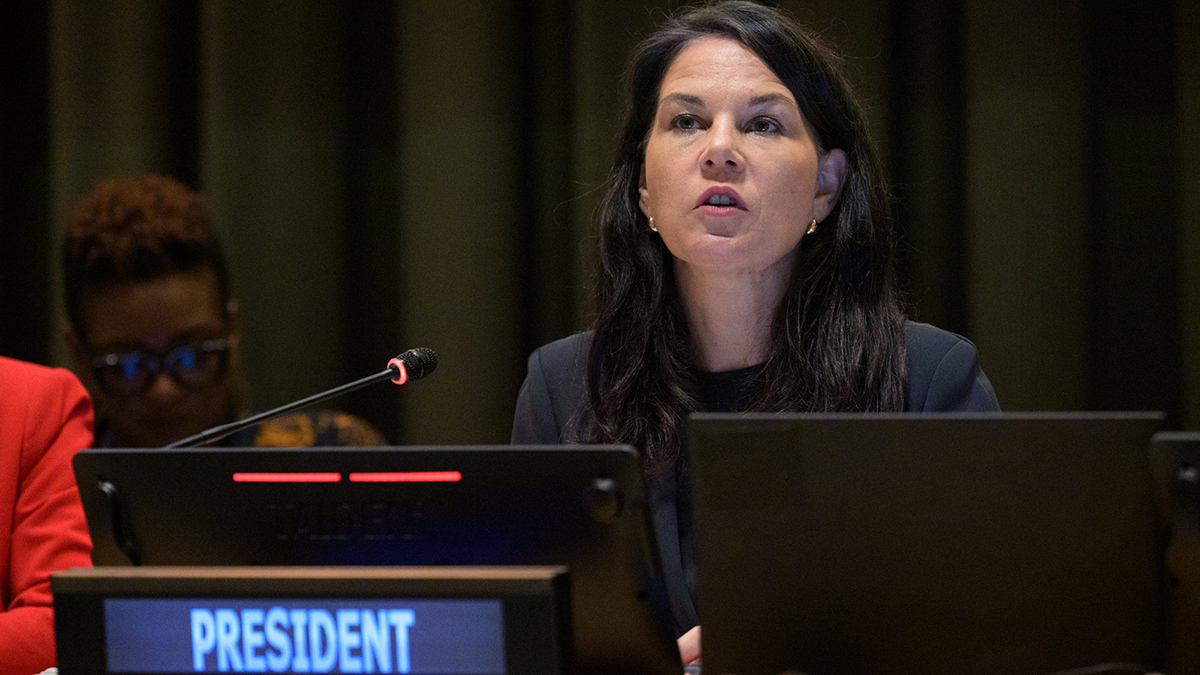 Annalena Baerbock, president of the 80th session of the United Nations General Assembly, chairs a high-level forum on building a culture of peace on 2 September 2026, at the UN in New York City. A statement from the Holy See's Permanent Observer Mision to the UN, said women's contribution "to building and sustaining peace" is "essential" and must be "reaffirmed." Photo: OSV News/Manuel Elías, United Nations Photos.