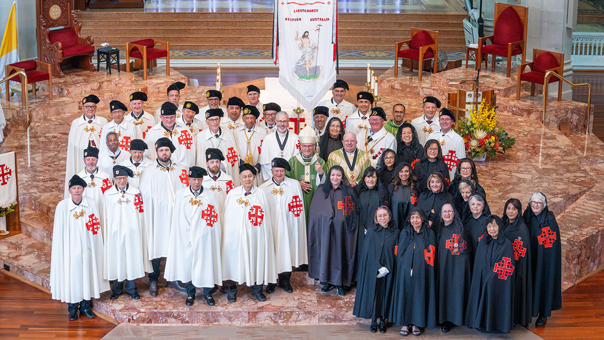 Archbishop Costelloe, Fr Richard Smith, Fr Conor Steadman and Fr Errol Lobo joined the new and current members of the Order following the Investiture Mass at St Mary’s Cathedral on Saturday 26 August. Photo: Eric Odong/Archdiocese of Perth.