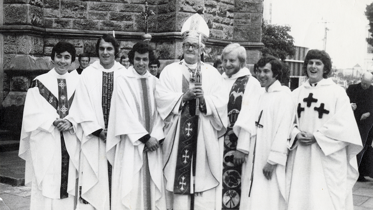 Celebrating their anniversaries in 2024 were Fr John Jegorow, third from right, Fr Brian McKenna, third from left, Msgr Brian O’Loughlin, first from right and Fr Peter Bianchini, second from right, seen here on their Ordination day with then Archbishop Launcelot Goody, 31 August 1974. Photo: The Record.